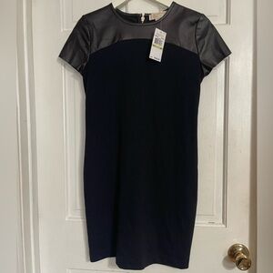 Michael Kors Slimming Navy Dress with Faux Leather NWT Sz 4
